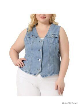 Plus Size Denim Vest for Women Sleeveless Utility Jean Jacket Vests Button